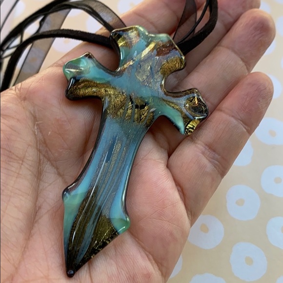 Jewelry - Green and Gold blown glass necklace pendant cross